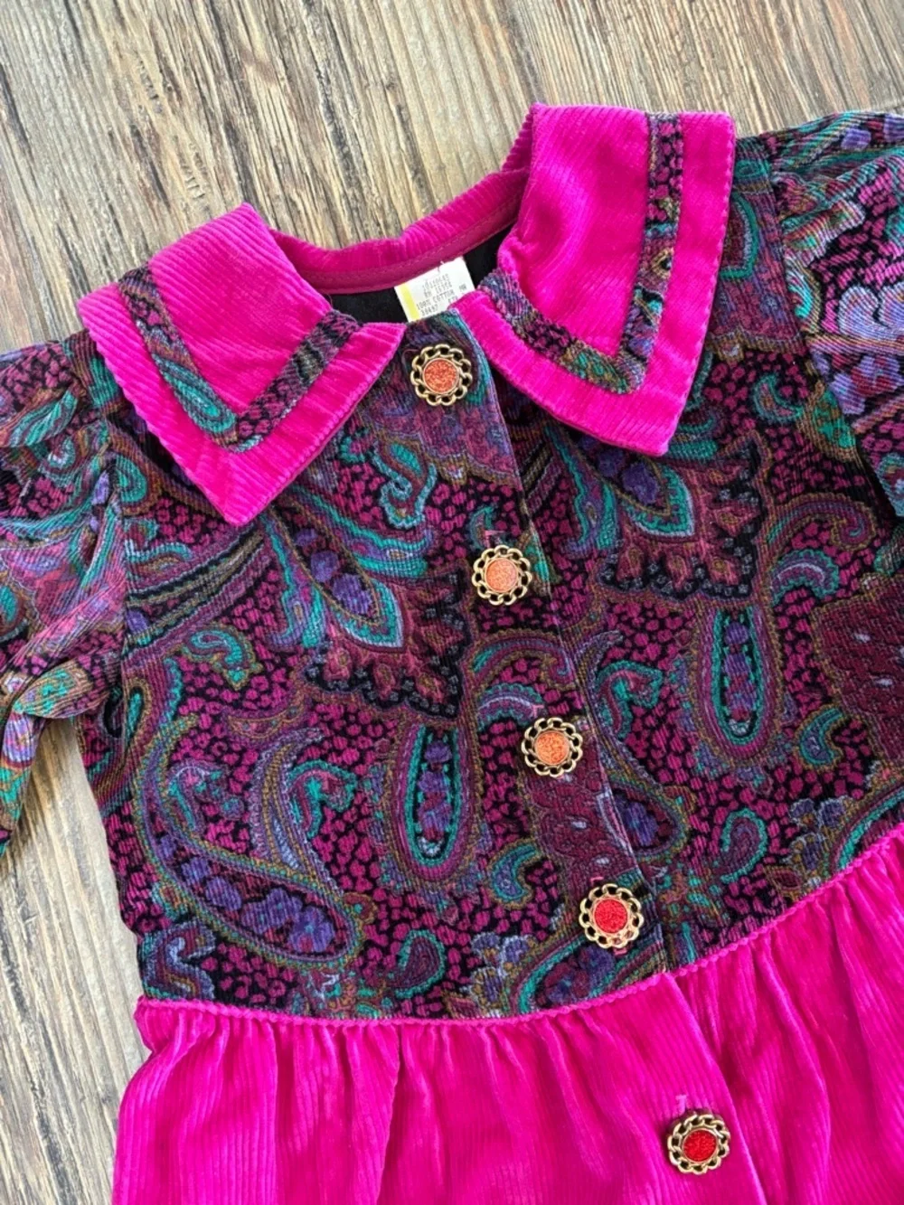 Vtg Kids Corduroy Jumpsuit Jumper Romper Girls 3T Pink Colorful Paisley Cottage